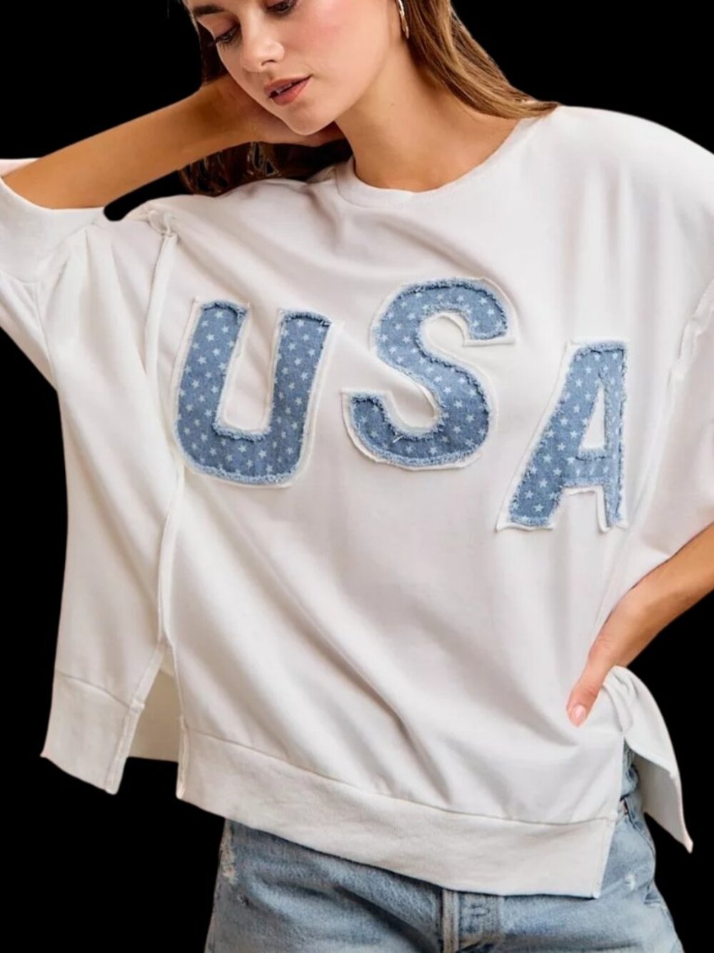 BiBi 4th Of July Usa Letter Patchwork French Terry Top